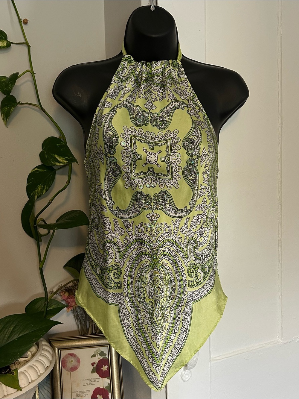 Silk Anna Paul Halter Vintage y2k Sequin Top Green Paisley